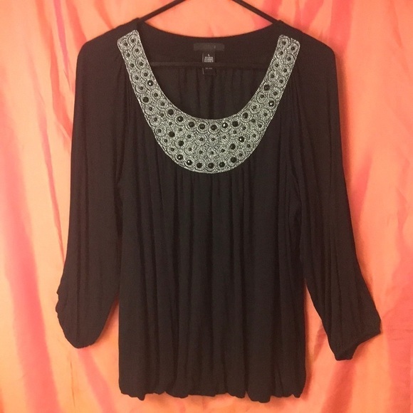 Alfani Women’s Tunic Black Jeweled Neckline Drapes at Sleeve and Hem Size L EUC - Picture 1 of 11